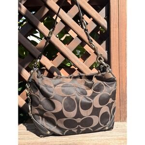 Coach Carly Signature Jacquard Hobo Bag Brown Black F15250 Silver Hardware